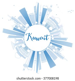 Outline Kuwait City Skyline with Blue Buildings. Vector Illustration. Business Travel and Tourism Concept with Copy Space. Image for Presentation Banner Placard and Web Site.