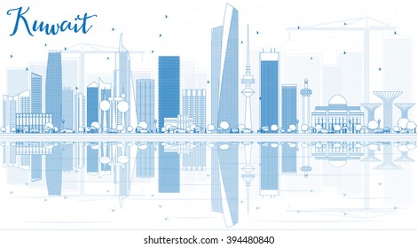 Outline Kuwait City Skyline with Blue Buildings and Reflections. Vector Illustration. Business Travel and Tourism Concept with Modern Buildings. Image for Presentation Banner Placard and Web.
