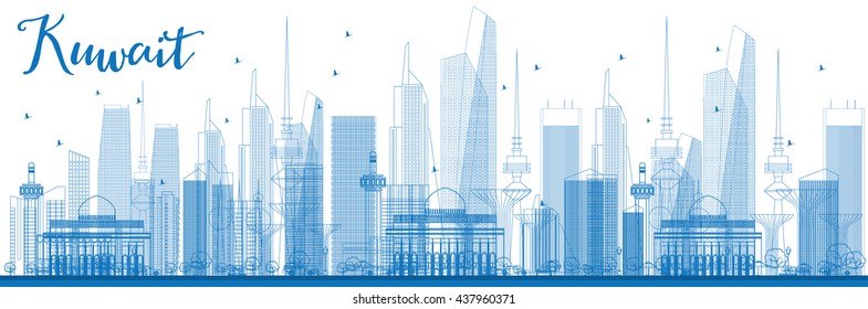 Outline Kuwait City Skyline with Blue Buildings. Vector Illustration. Business Travel and Tourism Concept with Kuwait City. Image for Presentation Banner Placard and Web Site.