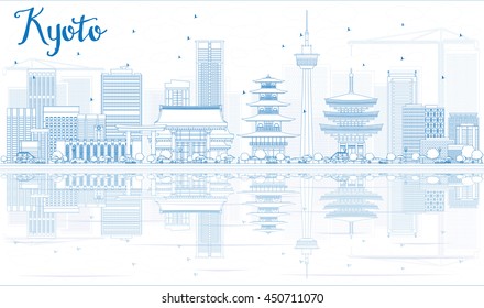 Outline Kyoto Skyline with Blue Landmarks and reflections. Vector illustration. Business Travel or Tourism Concept with Modern and Historic Buildings. Image for Presentation Banner Placard and Web