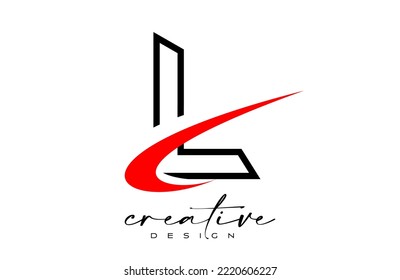 Outline L Letter Logo Design with Creative Red Swoosh. Letter l Initial icon with curved shape vector illustration.