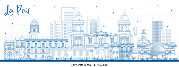 Esquema de la ciudad de La Paz Bolivia con edificios azules. Ilustración vectorial. Concepto de viajes de negocios y turismo con arquitectura histórica. Paisaje urbano de La Paz con monumentos.