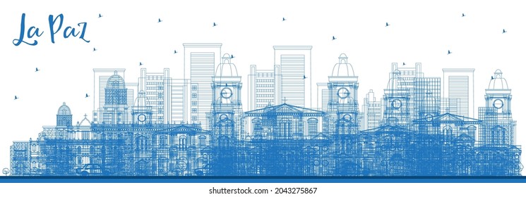 Outline La Paz Bolivia City Skyline with Blue Buildings. Vector Illustration. Business Travel and Tourism Concept with Historic Architecture. La Paz Cityscape with Landmarks.