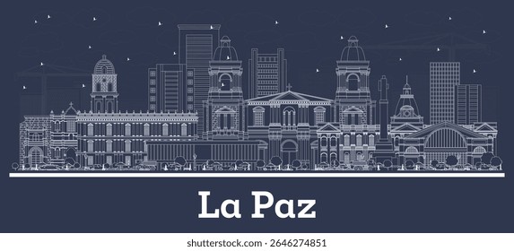 Outline La Paz Bolivia City Skyline with white Buildings. Vector Illustration. Business Travel and Tourism Concept with Historic Architecture. La Paz Cityscape with Landmarks.