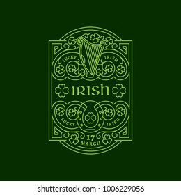 Outline Label With Harp, Horseshoe, Shamrock Leaves, Floral Ornament. Vector Illustration.