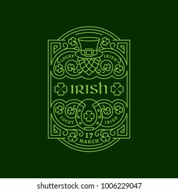 Outline label with a hop in a hat, horseshoe, shamrock leaves, floral ornament. Vector illustration.