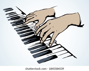Outline lady arm press pianoforte on light forte backdrop text space. Line drawn creative leisure logo pictogram concept design in antique artistic doodle cartoon pattern print style. Close up view