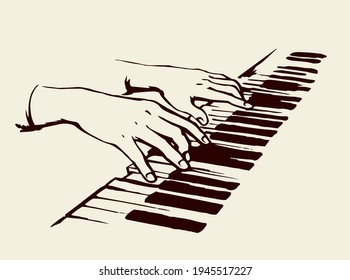 Outline lady arm press pianoforte on light forte backdrop text space. Line drawn creative leisure logo pictogram concept design in antique artistic doodle cartoon pattern print style. Close up view