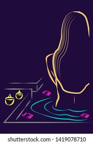 Outline of lady in a bathing spa showing backside and hair concept. Editable Clip Art. 