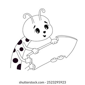 Outline of ladybug is holding an arrow pointing to the right in its paws. Vector illustration on a white background