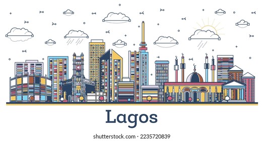 Outline Lagos Nigeria City Skyline with Modern Colored Buildings Isolated on White. Vector Illustration. Lagos Cityscape with Landmarks.