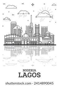 Esbozo del Skyline de la ciudad de Lagos Nigeria con edificios modernos y reflexiones aisladas en blanco. Ilustración vectorial. El paisaje urbano de Lagos con puntos de referencia.