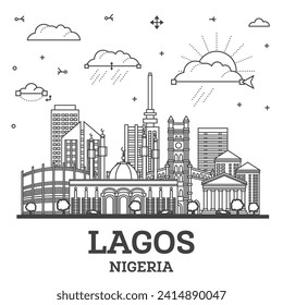 Esbozo de la ciudad de Lagos de Nigeria con edificios modernos aislados en blanco. Ilustración vectorial. El paisaje urbano de Lagos con puntos de referencia.