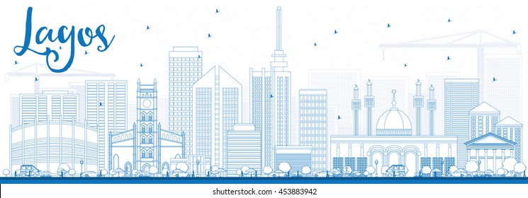 Outline Lagos Skyline with Blue Buildings. Vector Illustration. Business Travel and Tourism Concept with Modern Buildings. Image for Presentation Banner Placard and Web Site.