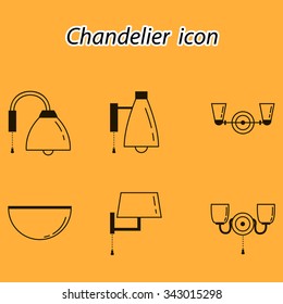 Outline lamp icon set, thin line style, flat design. Lamp vector illustration: wall lamp, desk lamp, floor lamp, chandelier, decorate lamp