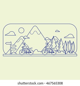 Outline landscape mountain with bright background. Line art style illustration. 