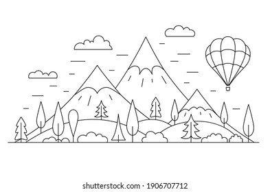 Outline landscape with mountain, trees, volcano, balloon, field. Nature line illustration. Vector outdoor desidn. Environment concept.