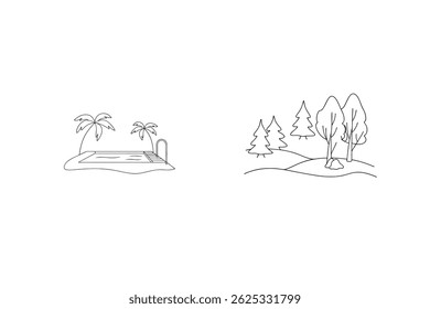 Contorno Paisagem Com Piscina E Árvores Mínima Ilustração Da Natureza Cênica