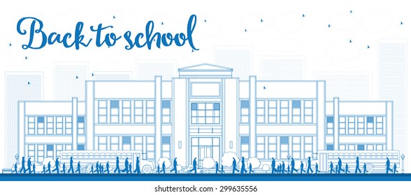 Outline Landscape With School Bus, School Building And People. Vector Illustration