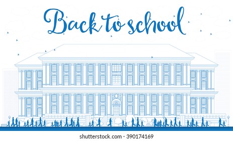 Outline Landscape with school bus, school building and people. Vector illustration. Education concept with part of city life.
