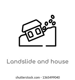 outline landslide and house vector icon. isolated black simple line element illustration from meteorology concept. editable vector stroke landslide and house icon on white background
