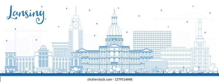 Outline Lansing Michigan City Skyline with Blue Buildings. Vector Illustration. Business Travel and Concept with Historic Architecture. Lansing USA Cityscape with Landmarks.