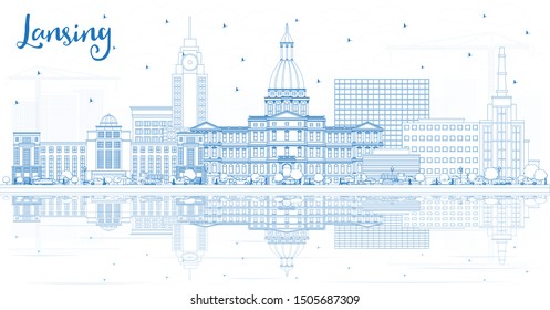 Outline Lansing Michigan City Skyline with Blue Buildings and Reflections. Vector Illustration. Business Travel and Concept with Historic Architecture. Lansing USA Cityscape with Landmarks.