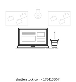 outline laptop with a coffee cup, Vector simple design on white background