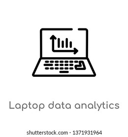 outline laptop data analytics graphic on screen with circles vector icon. isolated black simple line element illustration from computer concept. editable vector stroke laptop data analytics graphic