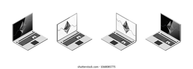 Outline laptop in ethereum icon vector symbol. Set. monochrome, white background