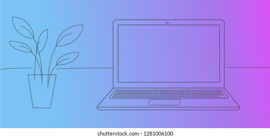 outline laptop and flower pot on gradient background