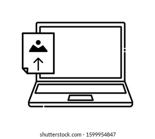Outline laptop icon that displays an image upload icon