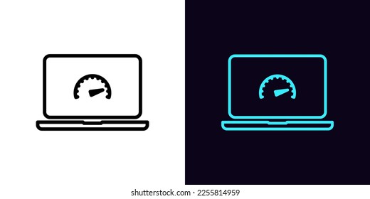 Outline laptop performance icon, with editable stroke. Laptop screen frame with speedometer sign, computer power test. Accelerate performance, speed and efficiency indicator. Vector icon for Animation