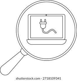 Esquema de un portátil con un enchufe en la pantalla visto a través de una lupa
