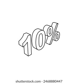 The outline of a large 10 percent symbol is made with black lines. 3D view of the object in perspective. Vector illustration on white background