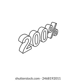 The outline of a large 200 percent symbol is made with black lines. 3D view of the object in perspective. Vector illustration on white background