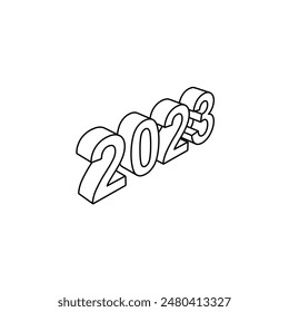 The outline of a large 2023 year symbol is made with black lines. 3D view of the object in perspective. Vector illustration on white background