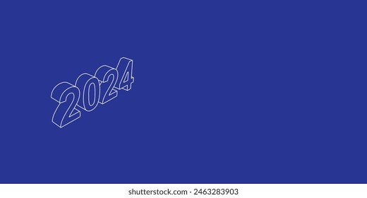 The outline of a large 2024 year symbol made of white lines on the left. 3D view of the object in perspective. Vector illustration on indigo background