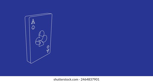 The outline of a large ace of clubs card made of white lines on the left. 3D view of the object in perspective. Vector illustration on indigo background