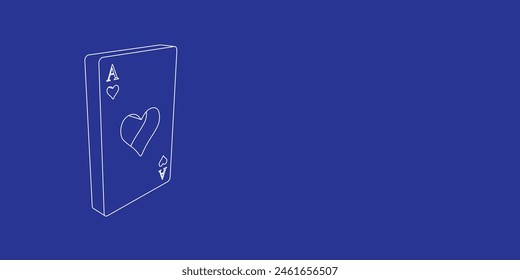 The outline of a large ace of heart card made of white lines on the left. 3D view of the object in perspective. Vector illustration on indigo background