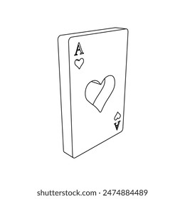 The outline of a large ace of heart card is made with black lines. 3D view of the object in perspective. Vector illustration on white background