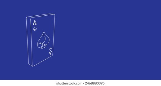 The outline of a large ace of spades card made of white lines on the left. 3D view of the object in perspective. Vector illustration on indigo background