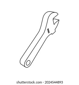 The outline of a large adjustable wrench symbol is made with black lines. 3D view of the object in perspective. Vector illustration on white background