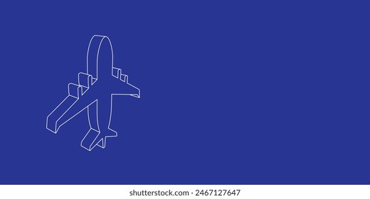 The outline of a large airplane symbol made of white lines on the left. 3D view of the object in perspective. Vector illustration on indigo background