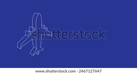 The outline of a large airplane symbol made of white lines on the left. 3D view of the object in perspective. Vector illustration on indigo background