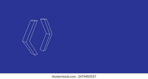 The outline of a large angle brackets symbol made of white lines on the left. 3D view of the object in perspective. Vector illustration on indigo background