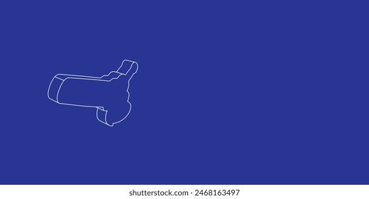 El contorno de un Grande símbolo de amoladora de ángulo hecho de líneas blancas a la izquierda. Vista 3D del objeto en perspectiva. Ilustración vectorial sobre fondo índigo