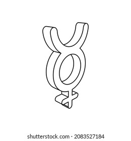 The outline of a large astrological mercury symbol is made with black lines. 3D view of the object in perspective. Vector illustration on white background