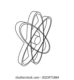 The outline of a large atomic symbol is made with black lines. 3D view of the object in perspective. Vector illustration on white background