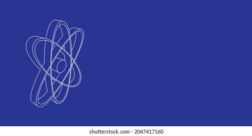 The outline of a large atomic symbol made of white lines on the left. 3D view of the object in perspective. Vector illustration on indigo background